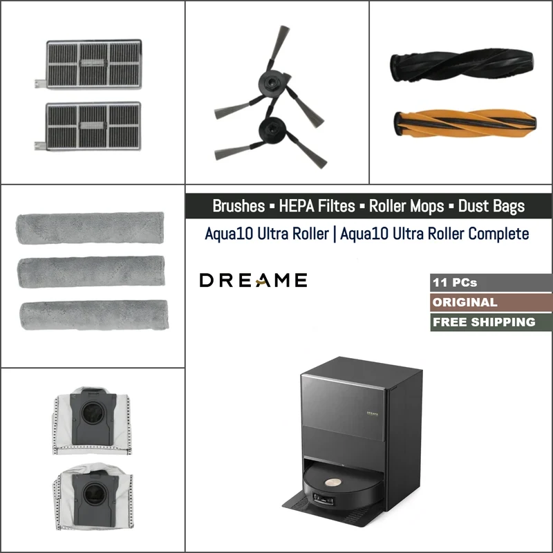 Dreame Aqua 10 Ultra Roller, Aqua 10 Ultra Roller Complete | Original Consumable Parts & Accessories: Brushes, Mops, HEPA Filters, Dust Bags (Kit)