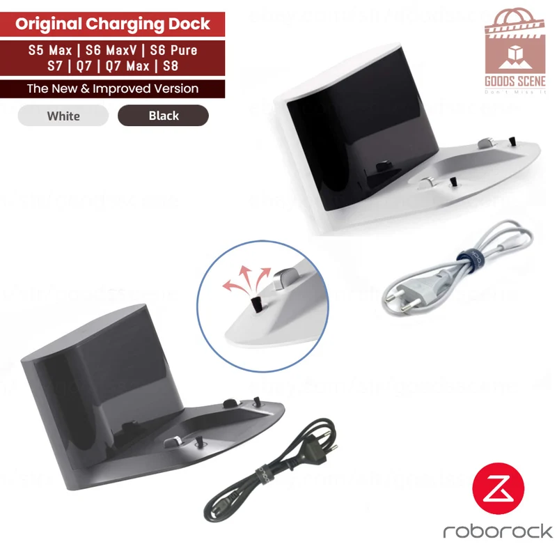 Roborock S5 Max, S6 Pure, S6 MaxV, S7, S8, Q7 | Original Used Spare Parts & Accessories: Dock Charger Station with Cord - Black Or White