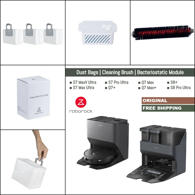 Roborock S7 Max, S7 MaxV Ultra, S7 Pro Ultra, Q7, S8 Pro Ultra | Original Accessories For Auto Dock: Cleaning Brush, Dust Bags & Bacteriostatic Module