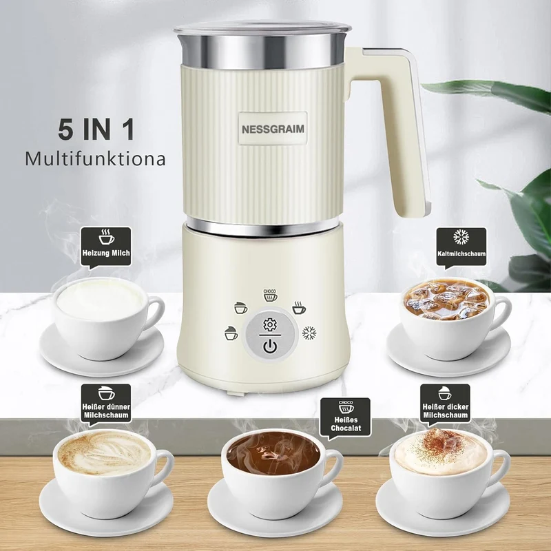 Milchaufschäumer Elektrisch | 5-in-1 Milchschäumer mit Kakaofunktion & spülmaschinenfest