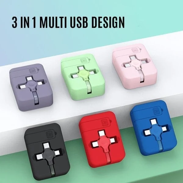 3-in-1 Ladekabel | Ausziehbares 1-m-Kabel mit USB-C, Micro-USB und Lightning-Anschluss für unterwegs