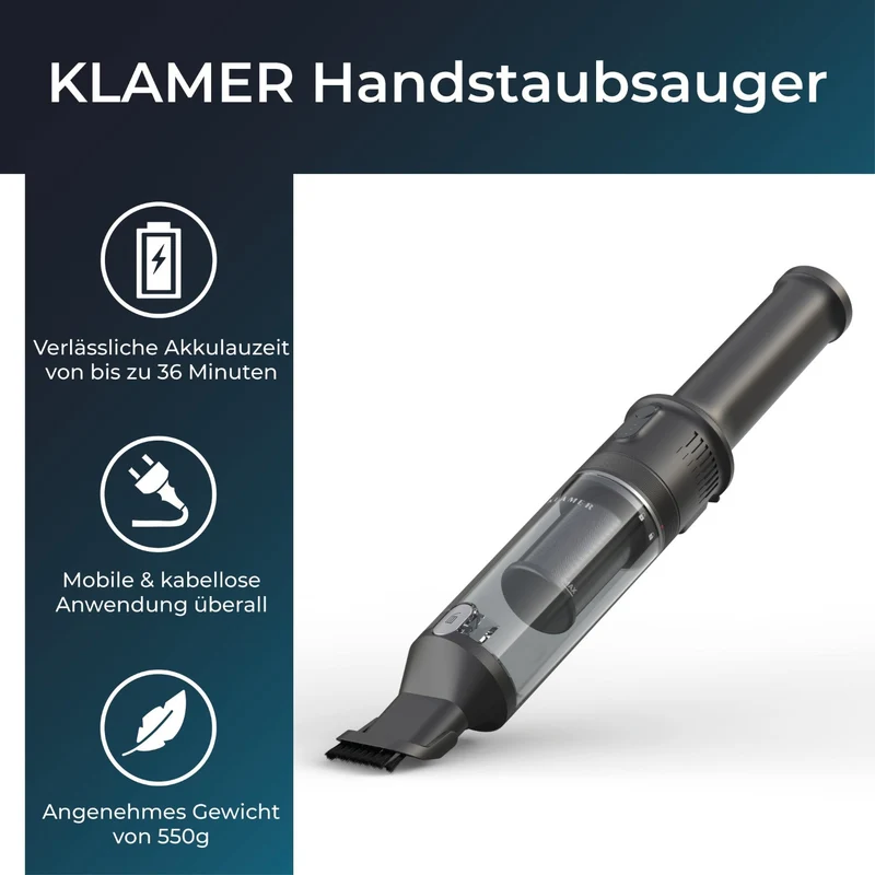 Handstaubsauger 140 Watt | Kabelloser Akku-Handstaubsauger mit 16.000 Pa und HEPA-Filter