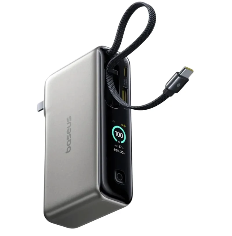 Baseus SuperCharge 3-in-1 Power Bank Charger and Cable, 67W Fast Charging, Compatible with 65W, Includes Cable for Android and Apple Phones, Laptops, and Drones