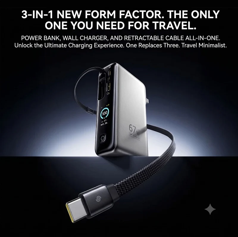 Baseus SuperCharge 3-in-1 Power Bank Charger and Cable, 67W Fast Charging, Compatible with 65W, Includes Cable for Android and Apple Phones, Laptops, and Drones