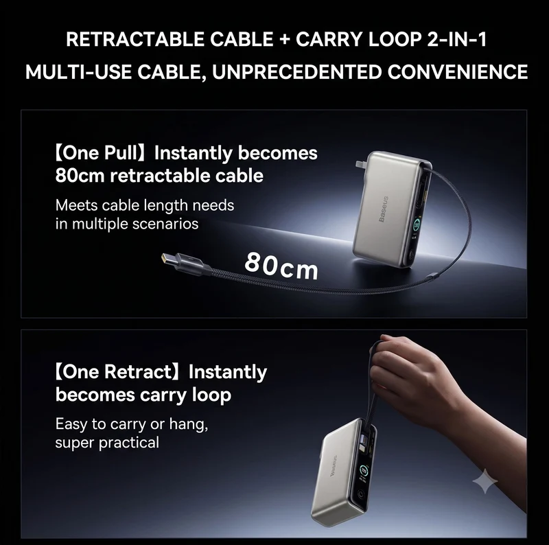 Baseus SuperCharge 3-in-1 Power Bank Charger and Cable, 67W Fast Charging, Compatible with 65W, Includes Cable for Android and Apple Phones, Laptops, and Drones