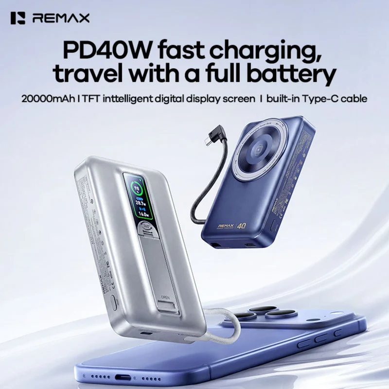 REMAX FP-113 PD 40W Super Fast Charging 20000mAh Magnetic Wireless Power Bank with 360 Rotating Holder Stand