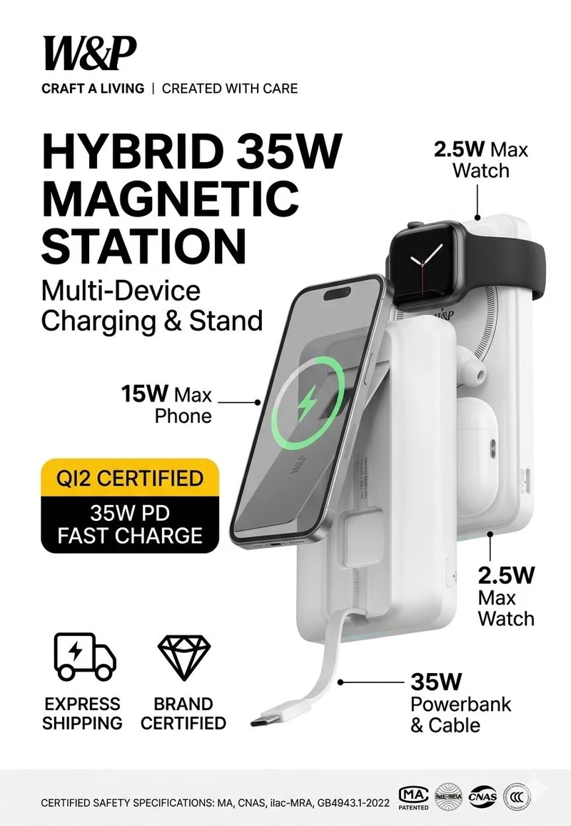 W&P Qi2 Magnetic Power Bank With Magsafe Stand, 35W Ultra-Thin 20000mAh