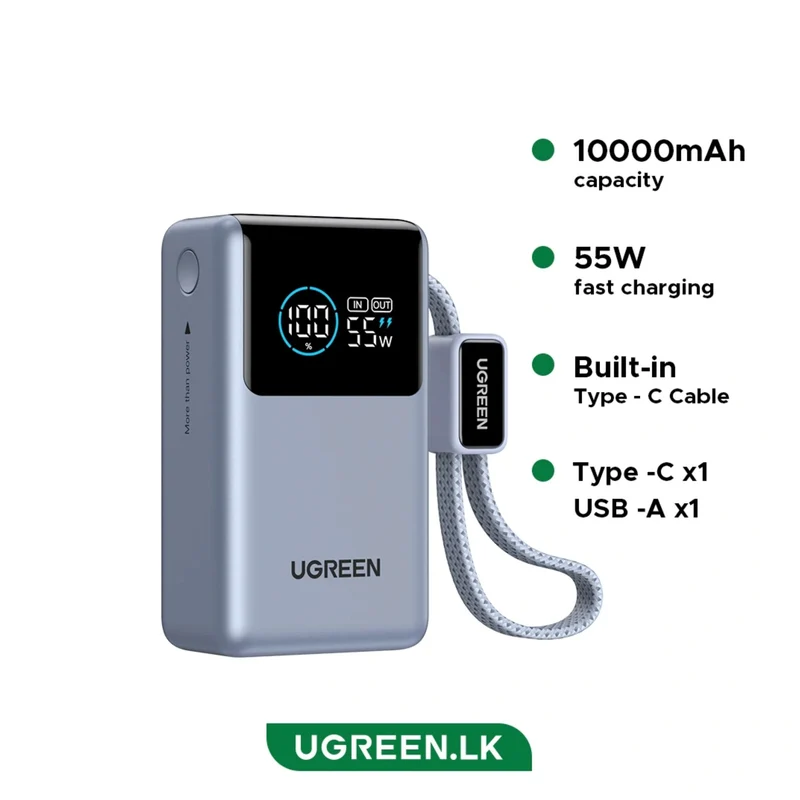 UGREEN 10000mAh 55W Nexode Pro Smart Digital Display Mini Power Bank with Build-in Type-C Cable