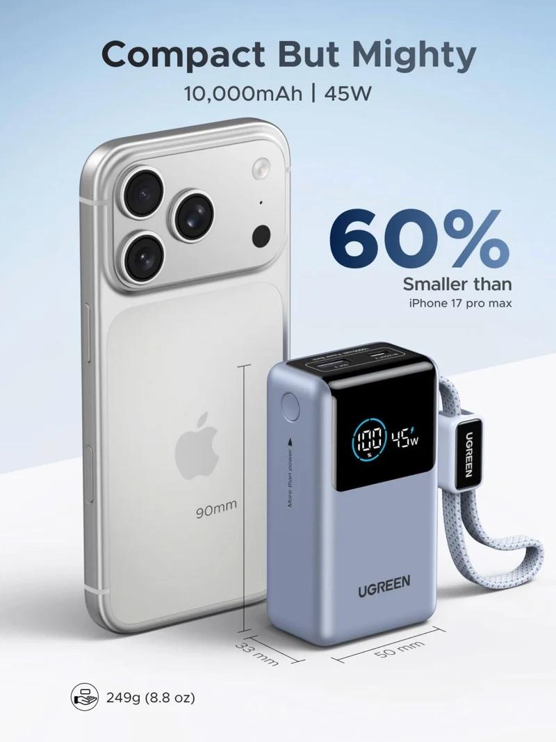 UGREEN 10000mAh 55W Nexode Pro Smart Digital Display Mini Power Bank with Build-in Type-C Cable