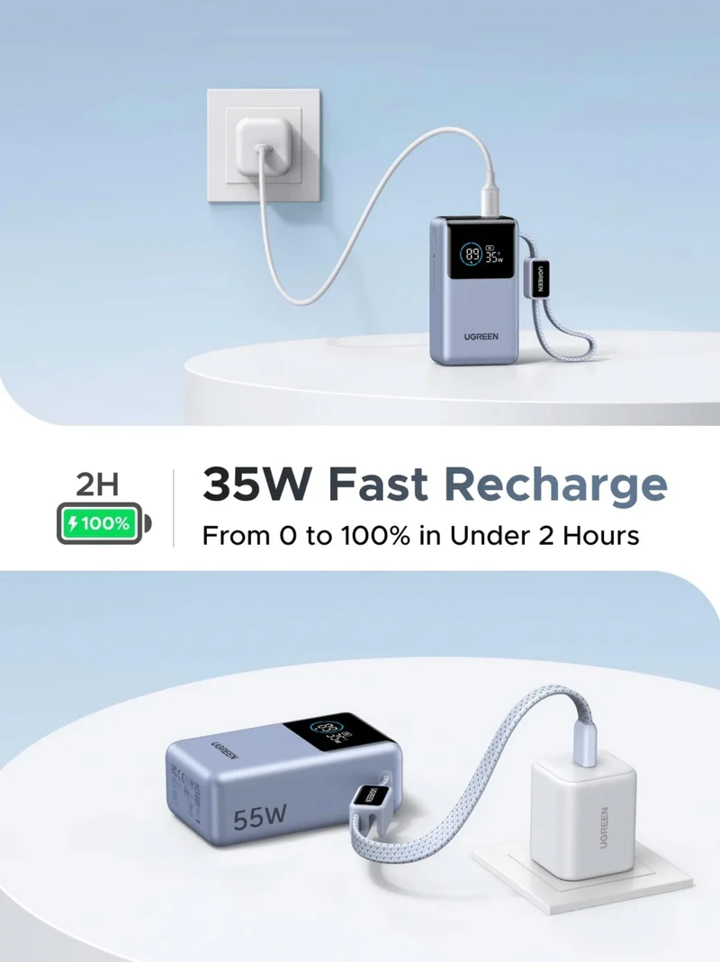 UGREEN 10000mAh 55W Nexode Pro Smart Digital Display Mini Power Bank with Build-in Type-C Cable