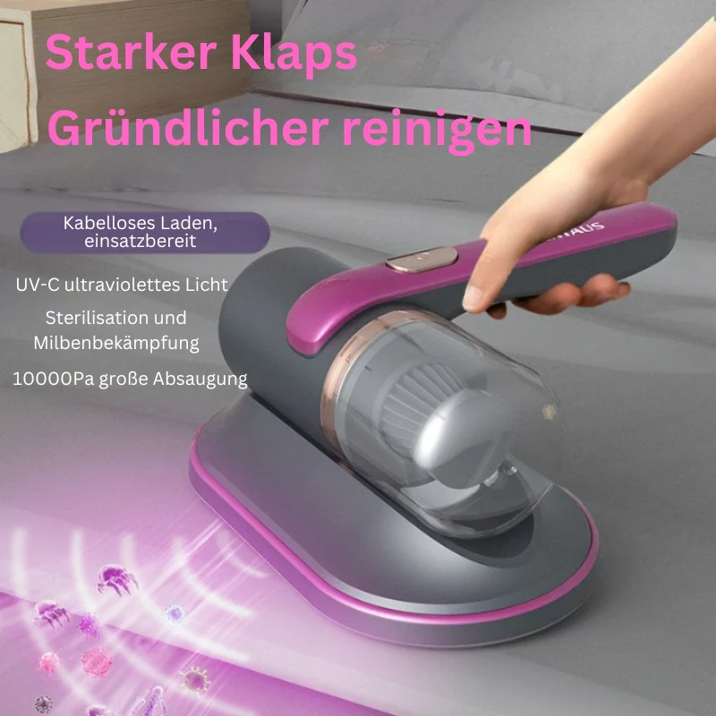 Kabelloser Matratzenreiniger | 10000 Pa Bettsauger mit UV-C-Licht, Vibration und 185-ml-Staubbehälter