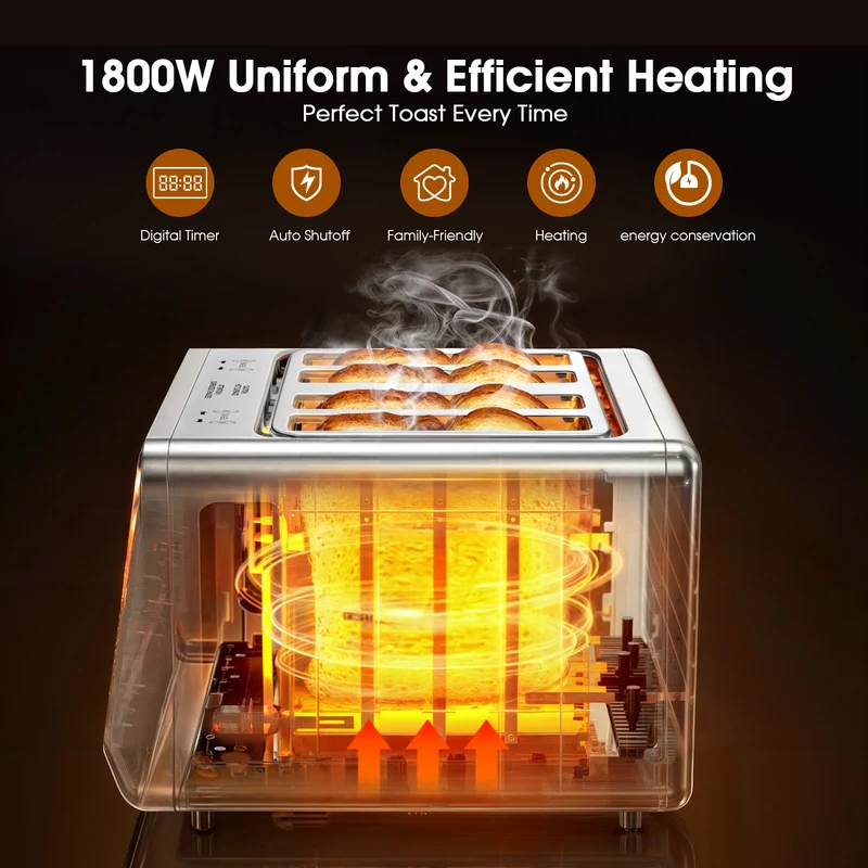 Teendow Touchscreen Toaster 4 Slice, 1800W Stainless Steel Digital Toaster with Dual Controls