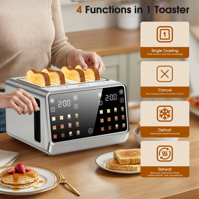 Teendow Touchscreen Toaster 4 Slice, 1800W Stainless Steel Digital Toaster with Dual Controls