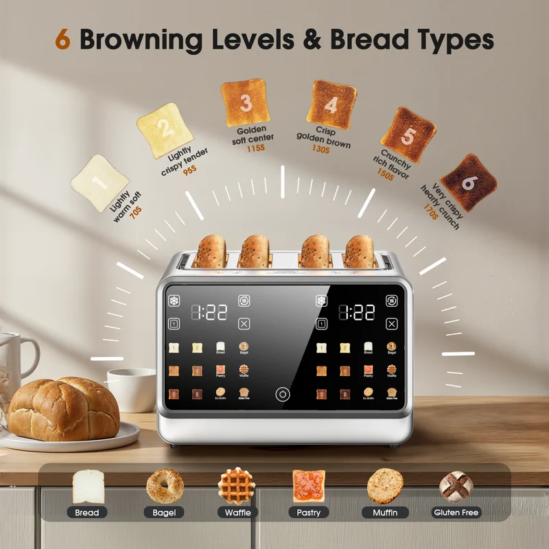 Teendow Touchscreen Toaster 4 Slice, 1800W Stainless Steel Digital Toaster with Dual Controls