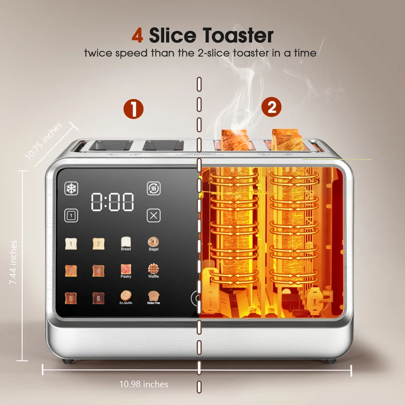 Teendow Touchscreen Toaster 4 Slice, 1800W Stainless Steel Digital Toaster with Dual Controls