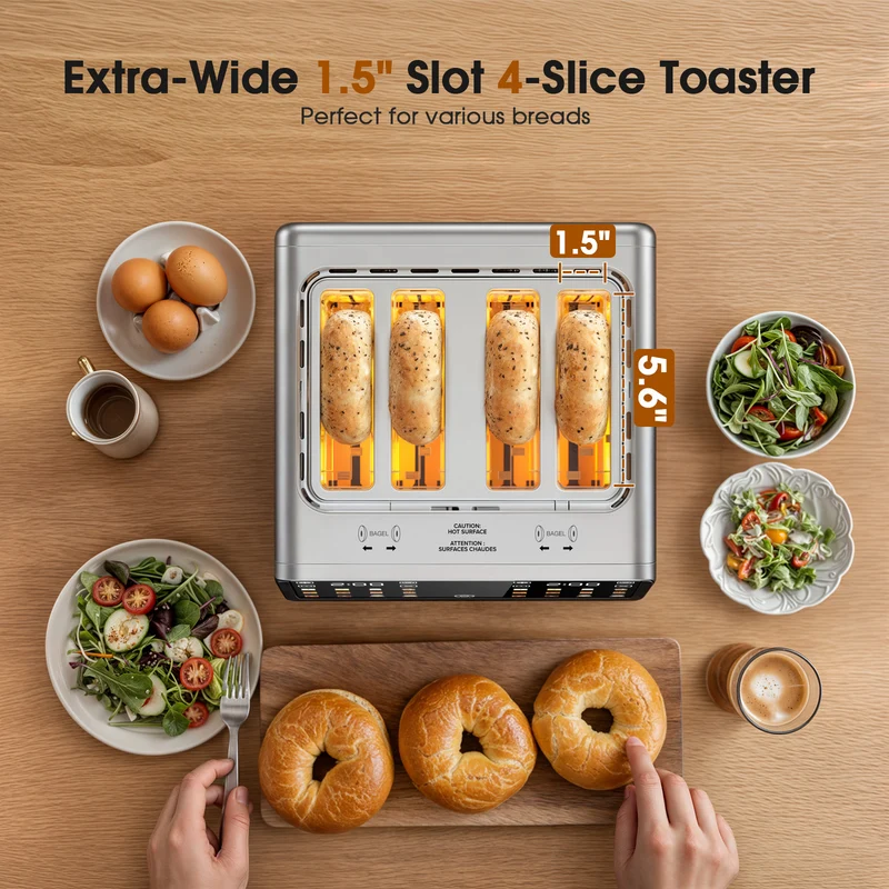 Teendow Touchscreen Toaster 4 Slice, 1800W Stainless Steel Digital Toaster with Dual Controls