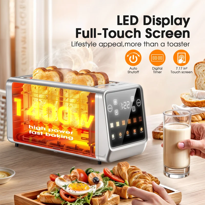 Teendow 4 Slice Toaster Touch Screen 1.5" Wide Slot, 1400W Stainless Steel Smart Bread Toaster for 5 Bread Modes