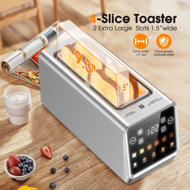 Teendow 4 Slice Toaster Touch Screen 1.5" Wide Slot, 1400W Stainless Steel Smart Bread Toaster for 5 Bread Modes