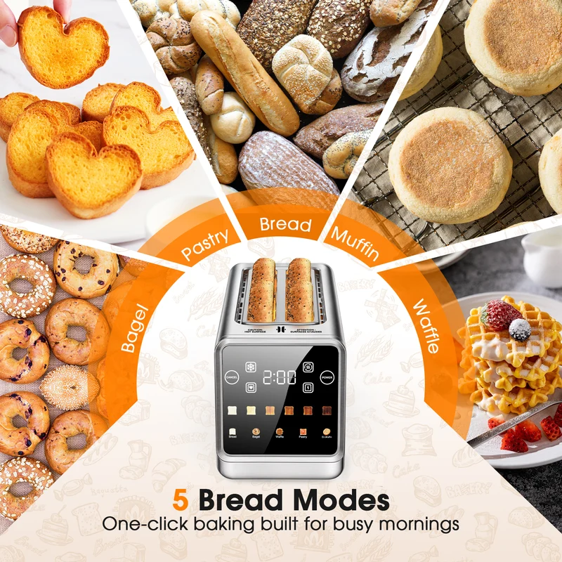 Teendow 4 Slice Toaster Touch Screen 1.5" Wide Slot, 1400W Stainless Steel Smart Bread Toaster for 5 Bread Modes