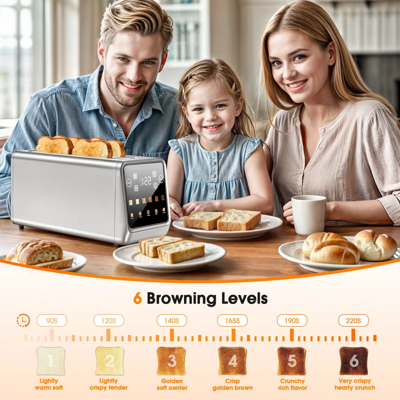 Teendow 4 Slice Toaster Touch Screen 1.5" Wide Slot, 1400W Stainless Steel Smart Bread Toaster for 5 Bread Modes