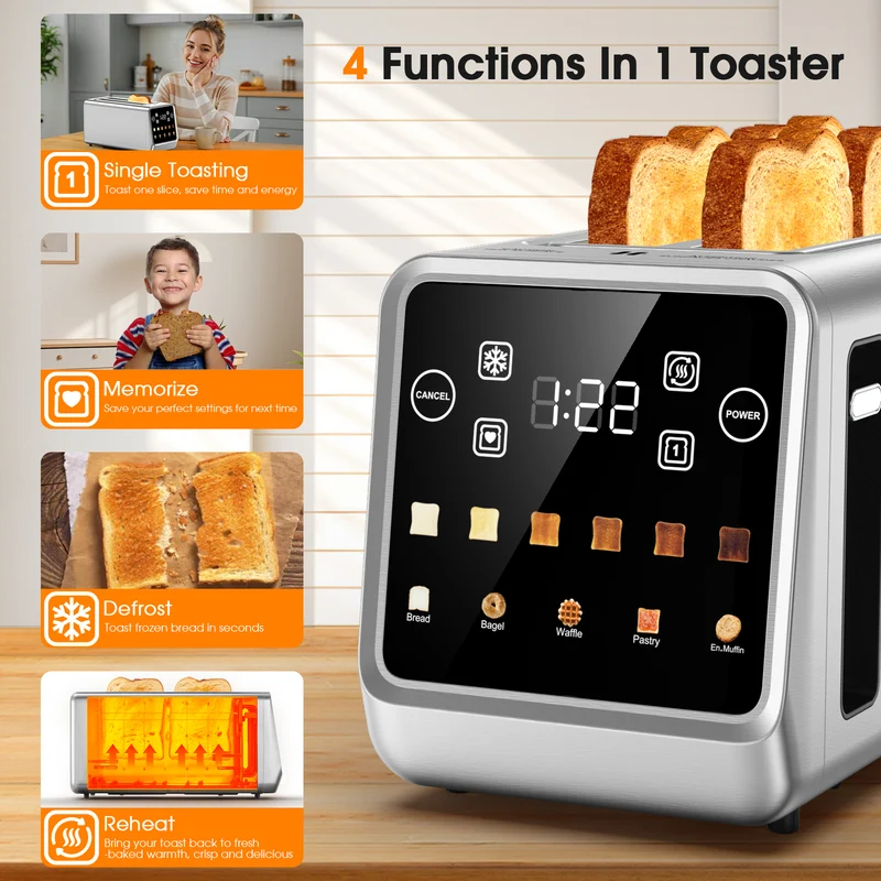 Teendow 4 Slice Toaster Touch Screen 1.5" Wide Slot, 1400W Stainless Steel Smart Bread Toaster for 5 Bread Modes