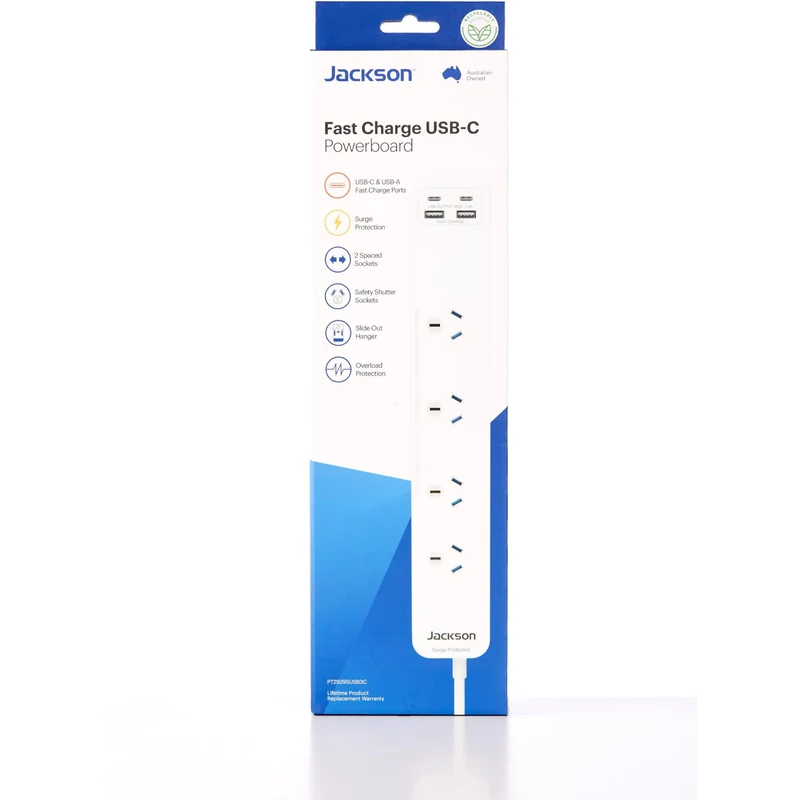 Jackson Surge Protected Board w/ 4 x Power Socket, 2 x USB-C, 2 X USB-A Outlets