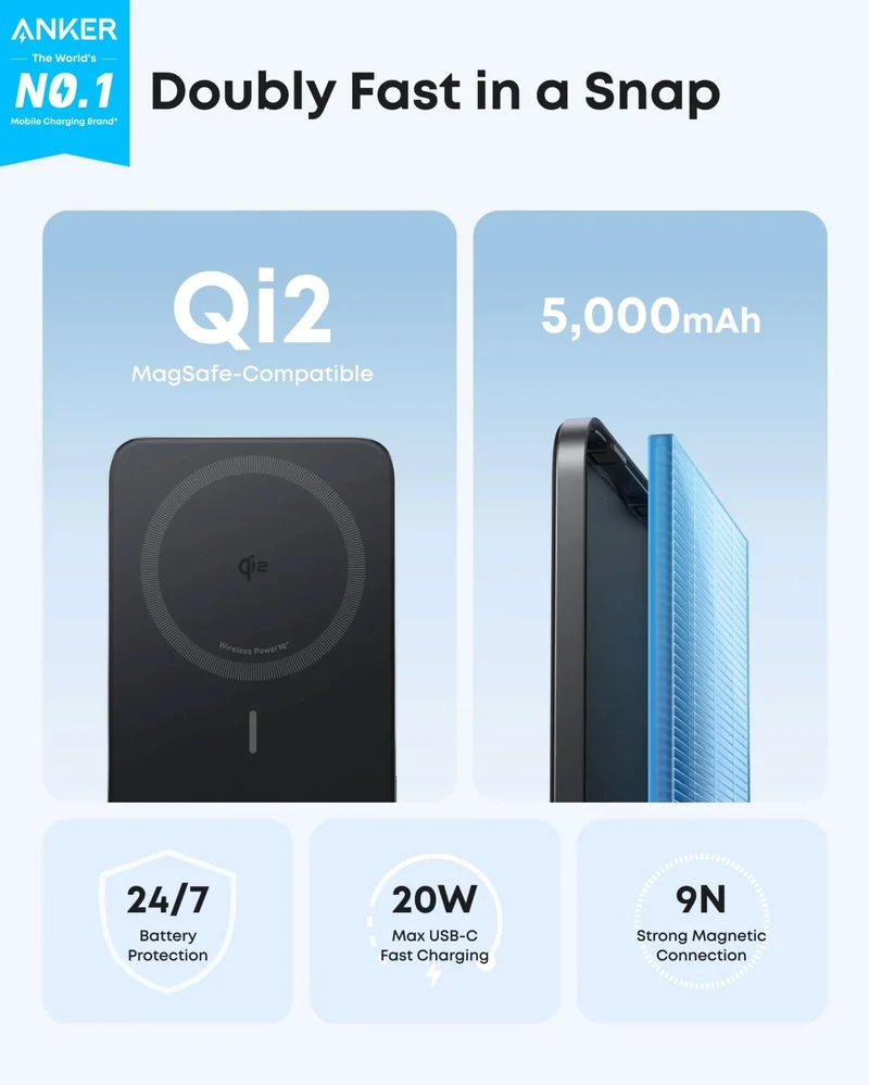 Anker MagGo Air 2 Power Bank (5K, MagGo, Slim) 20W Max MagSafe 8.6mm 118g