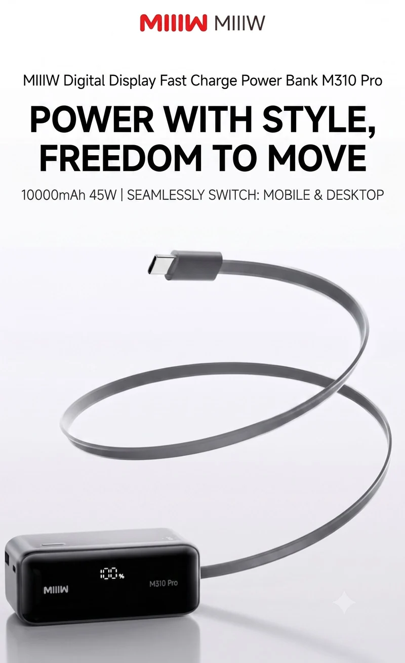 MIIIW Digital Display Fast Charging Power Bank M310 Pro 10000mAh 45W | Switch freely between mobile and desktop use