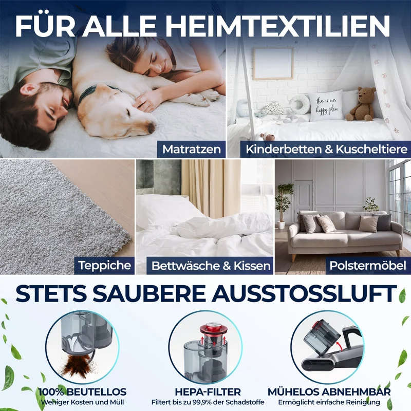 Milbenstaubsauger 450 Watt | Handstaubsauger mit 18.000 Pa, UV-Funktion und HEPA-Filter