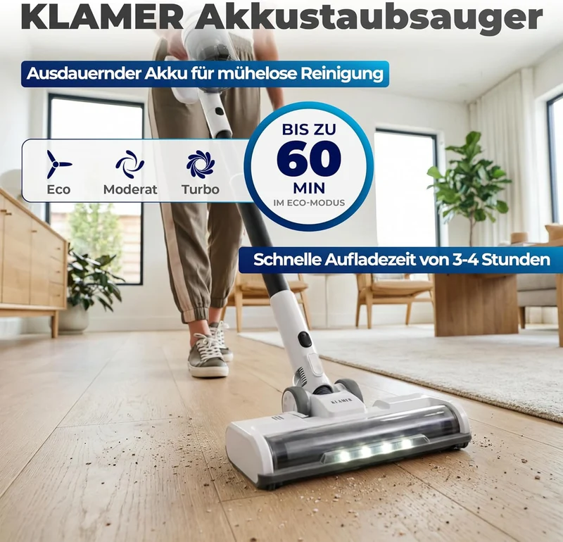 Akkustaubsauger 460 Watt | Kabelloser 2-in-1 Staubsauger mit bis zu 60 Minuten Laufzeit