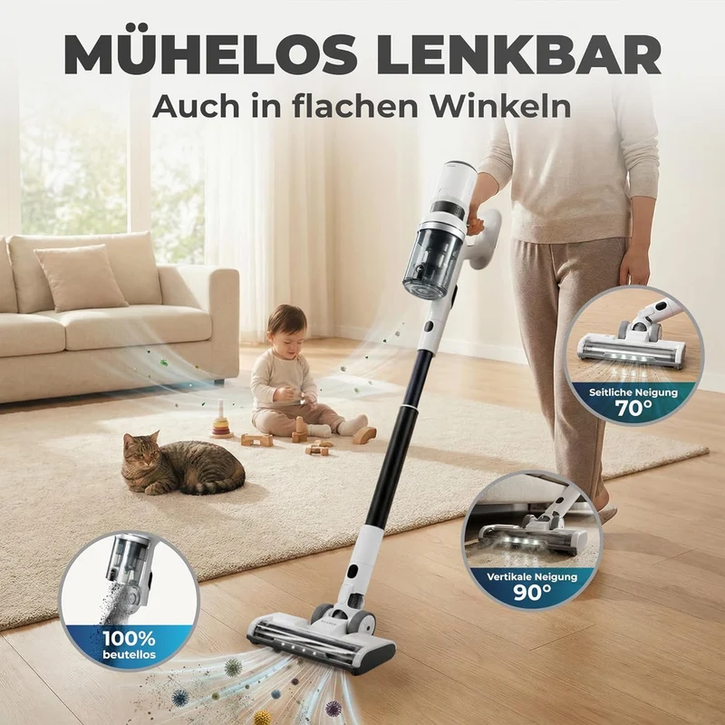 Akkustaubsauger 460 Watt | Kabelloser 2-in-1 Staubsauger mit bis zu 60 Minuten Laufzeit