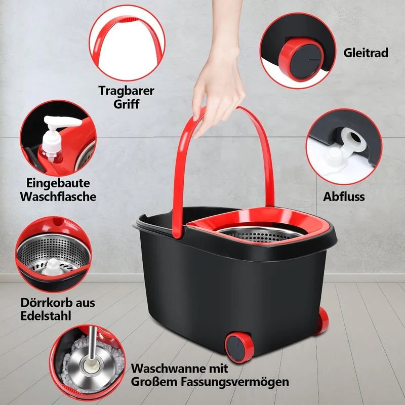 Wischmopp-Set mit Eimer | 360° Bodenwischer mit Zwei-Zonen-System | 3 Mikrofaserbezüge & Teleskopstiel