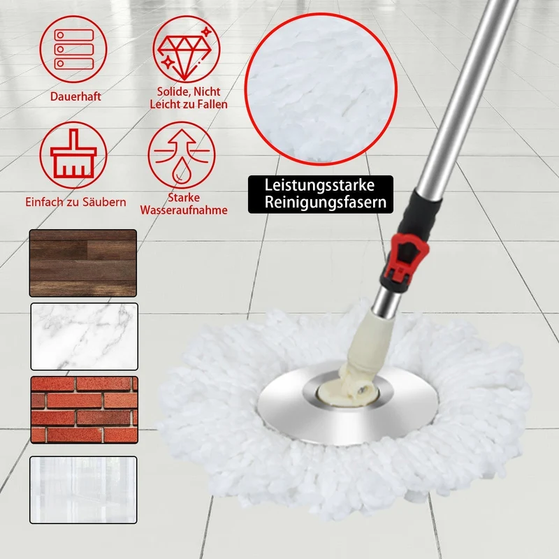 Wischmopp-Set mit Eimer | 360° Bodenwischer mit Zwei-Zonen-System | 3 Mikrofaserbezüge & Teleskopstiel