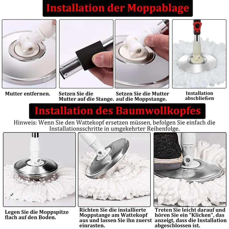 Wischmopp-Set mit Eimer | 360° Bodenwischer mit Zwei-Zonen-System | 3 Mikrofaserbezüge & Teleskopstiel