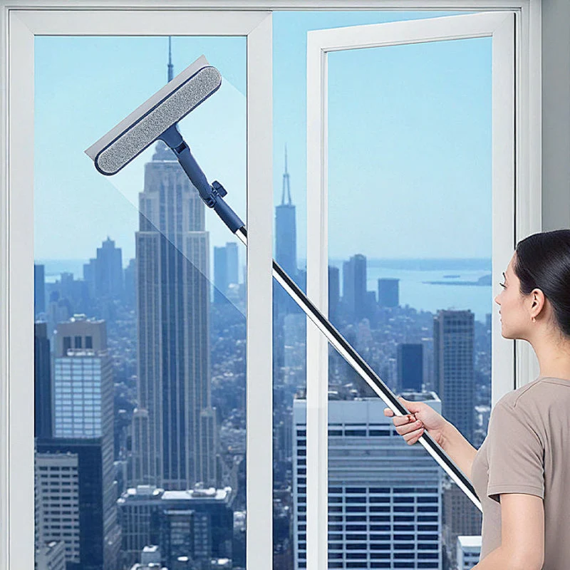 Fensterreiniger für Hochhausfenster (Außenseite von innen) | 2-in-1 Schwamm + Abzieher | Druck verstellbar | Streifenarmes Finish