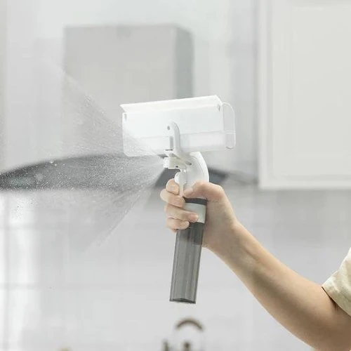 Fensterreiniger mit Sprühfunktion, Abzieher & Schmutzwasserbehälter | Streifenfreies Glas in einem Arbeitsgang | Für Fenster, Spiegel & Duschwände