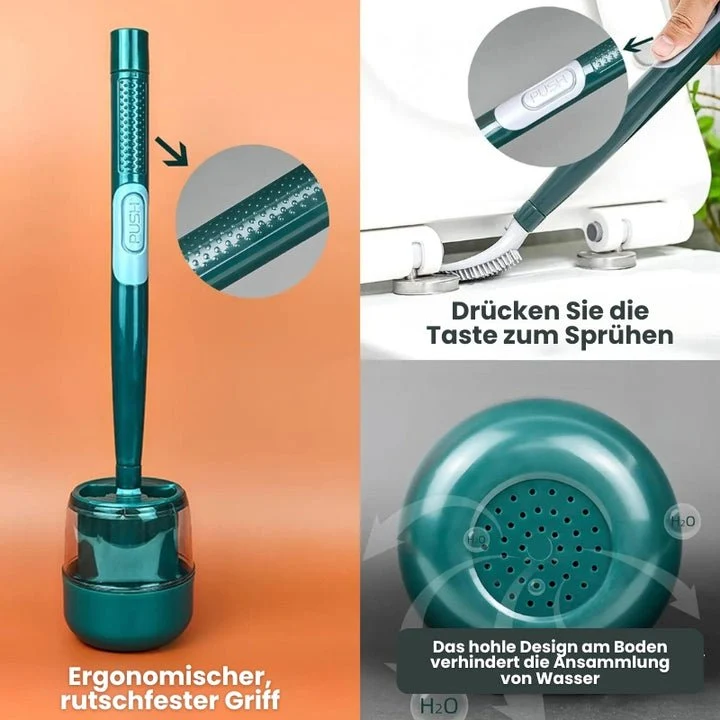 WC-Bürste mit Flüssigkeitsspender & Wandhalter | Flexibler Rundum-Bürstenkopf | Belüfteter Halter gegen Geruch | Grün/Weiß
