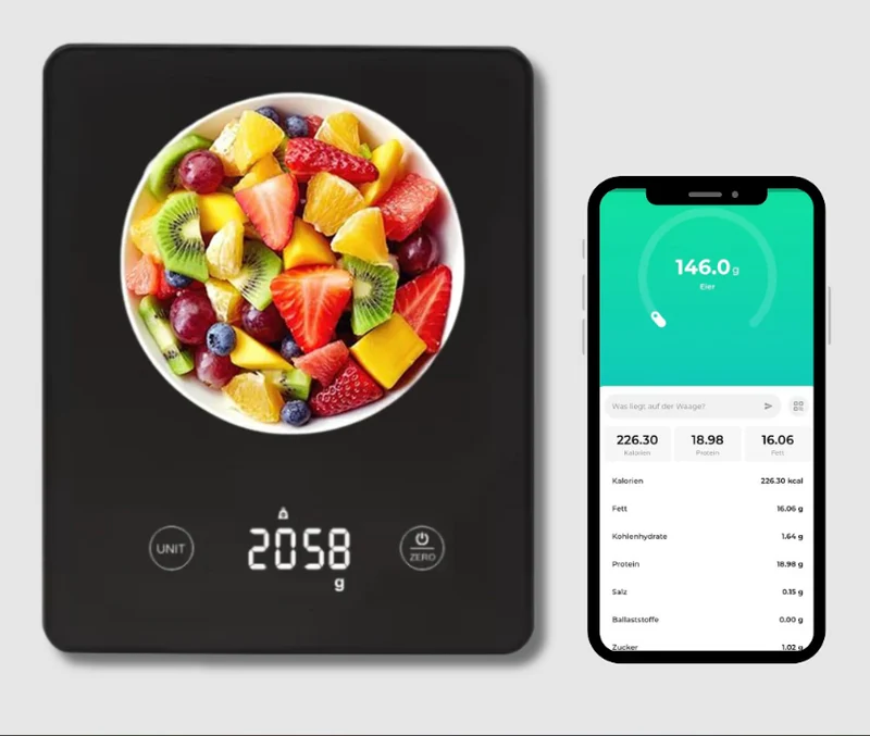 Intelligente Küchenwaage | Mit App & KI-Lebensmittelerkennung | Präzises Kalorien-Tracking