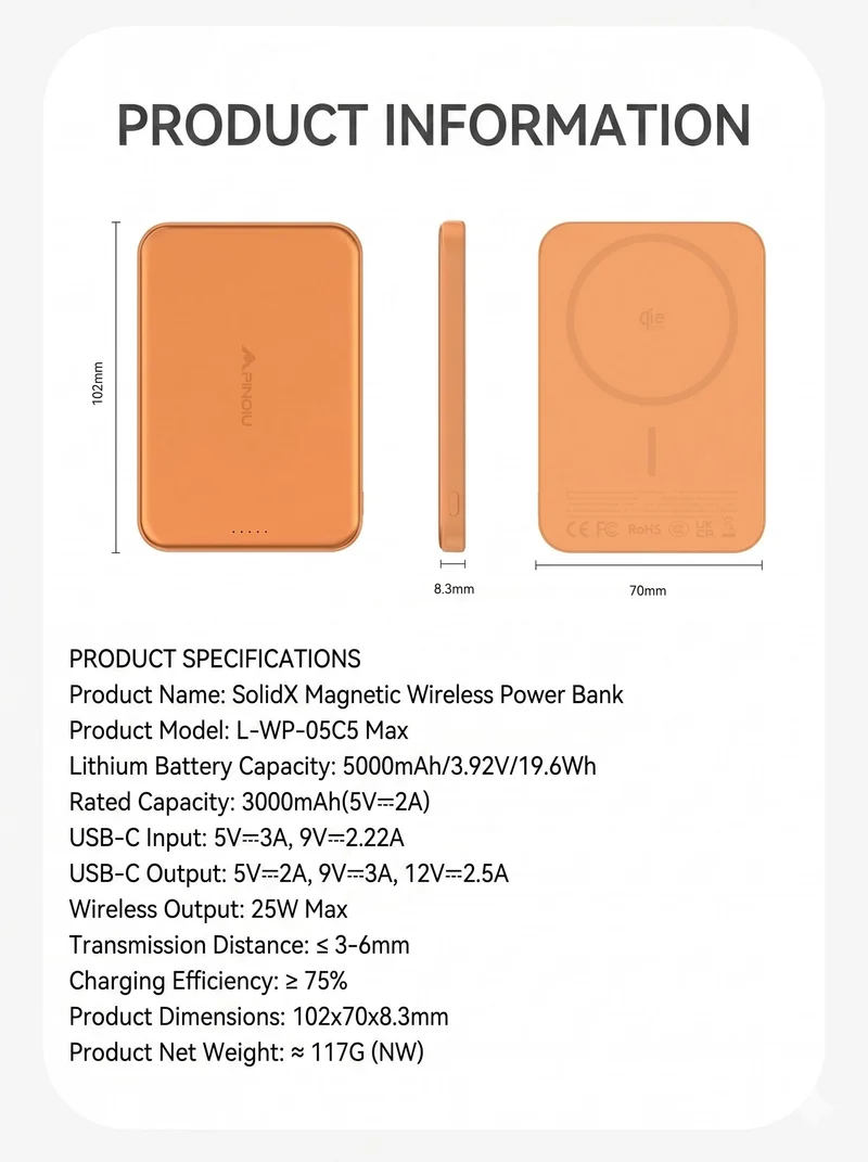 Pinqiu SolidX 5000mAh Magnetic Wireless Qi2 Power Banks