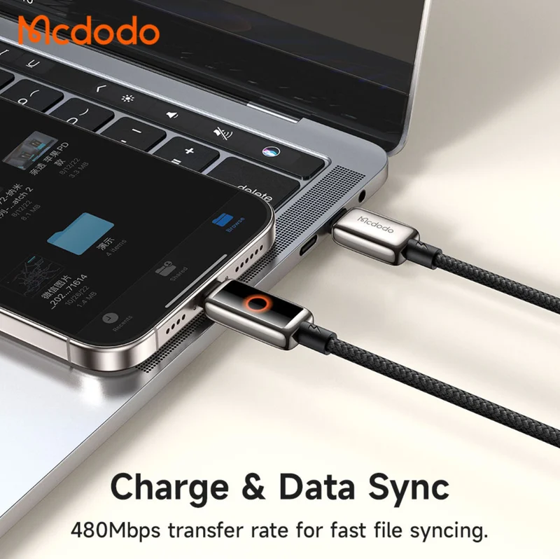 Mcdodo CA-668 100W USB-C Auto Power Off Cable Safe Charging Light Display Active Fast Charging Zinc Alloy Type C Cable 1.2m