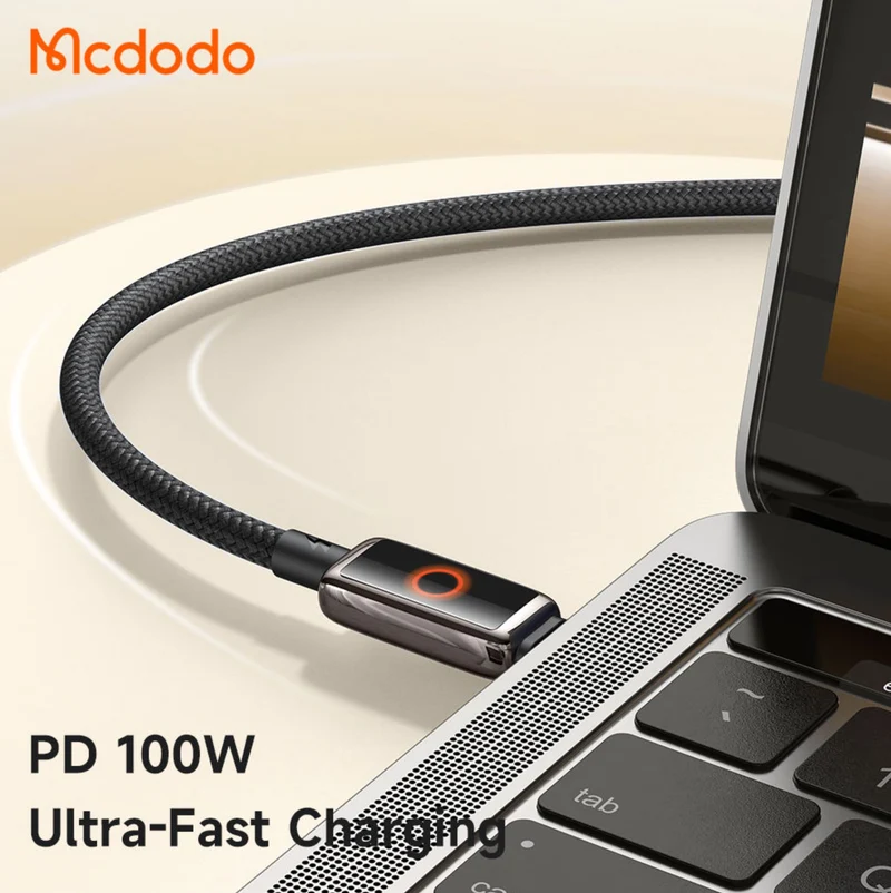 Mcdodo CA-668 100W USB-C Auto Power Off Cable Safe Charging Light Display Active Fast Charging Zinc Alloy Type C Cable 1.2m
