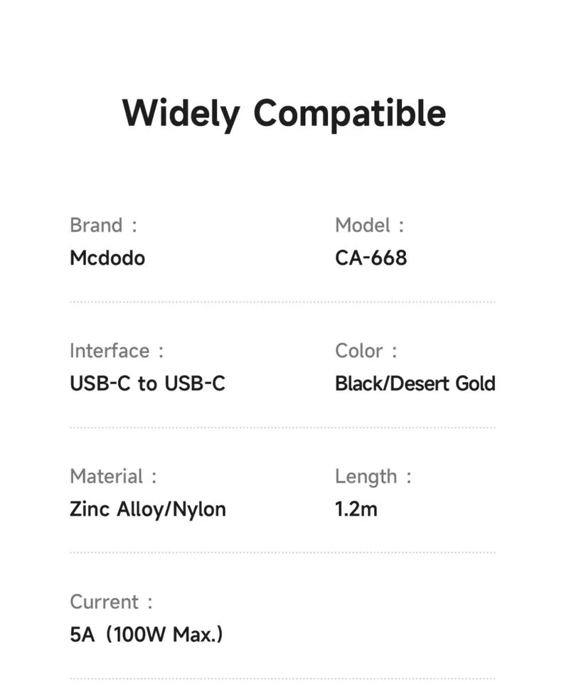 Mcdodo CA-668 100W USB-C Auto Power Off Cable Safe Charging Light Display Active Fast Charging Zinc Alloy Type C Cable 1.2m