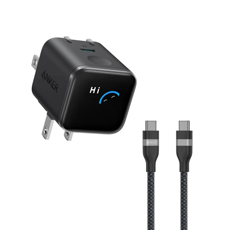 Anker Nano Charger (45W, Smart Display, 180° Foldable) With Data Cable