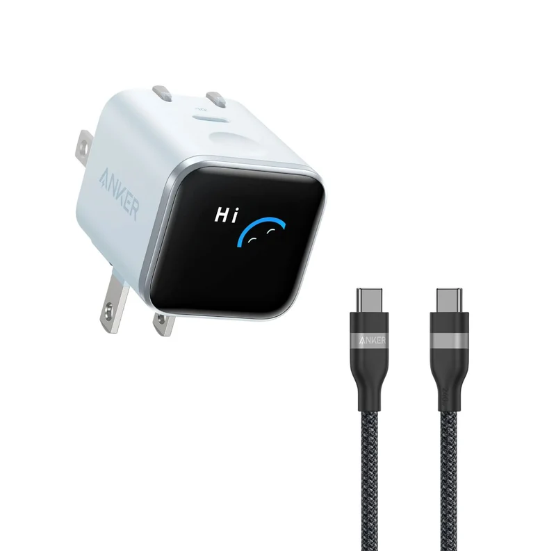 Anker Nano Charger (45W, Smart Display, 180° Foldable) With Data Cable