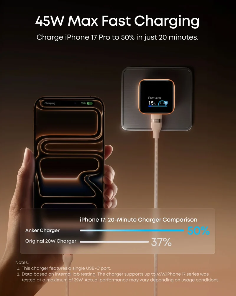 Anker Nano Charger (45W, Smart Display, 180° Foldable) With Data Cable