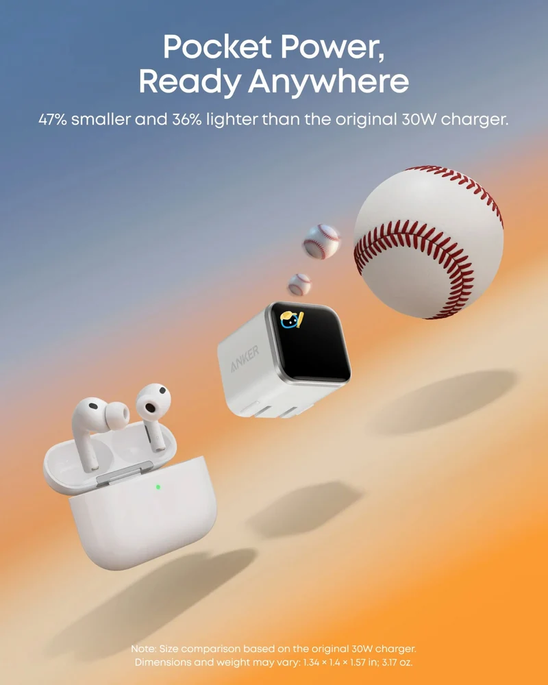 Anker Nano Charger (45W, Smart Display, 180° Foldable) With Data Cable