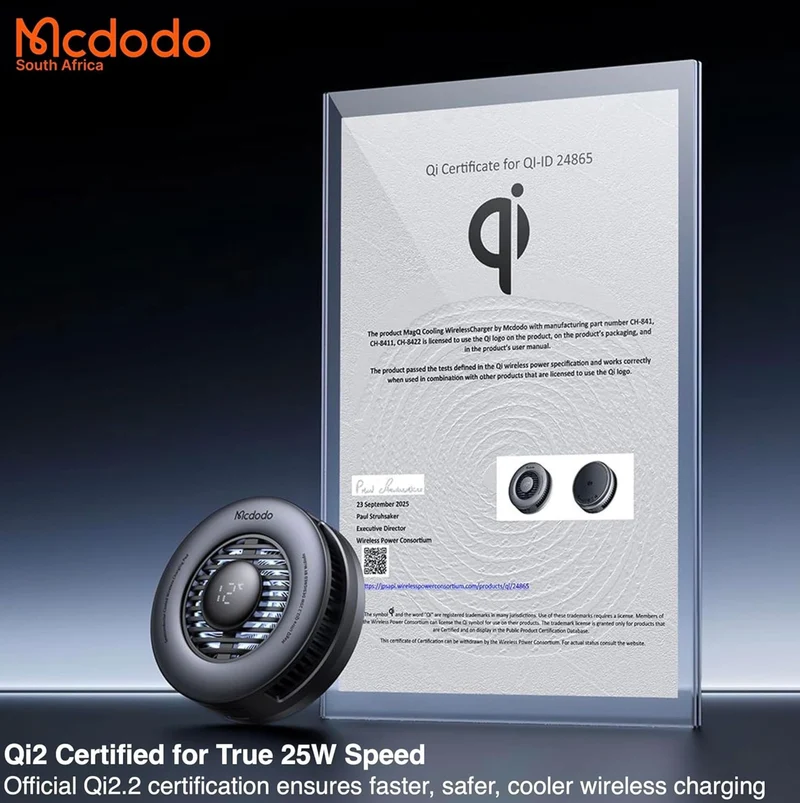 Mcdodo Certified Qi2 25W MagSafe Charger, Qi2 Wireless Charger - 45W Gan Charger – Gaming MagSafe Charger for iPhone with TEC Cooling
