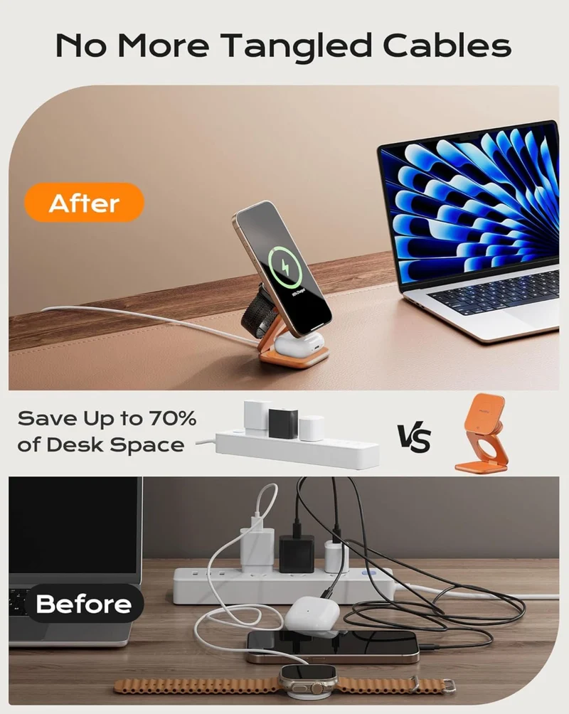 KUXIU Qi2.2 25W Magnetic Wireless Charger, 3-in-1 Foldable Travel Charging Station for iPhone 17/16/15/14/13/12, 5W for Apple Watch and AirPods, Aluminum Alloy Design, Adapter