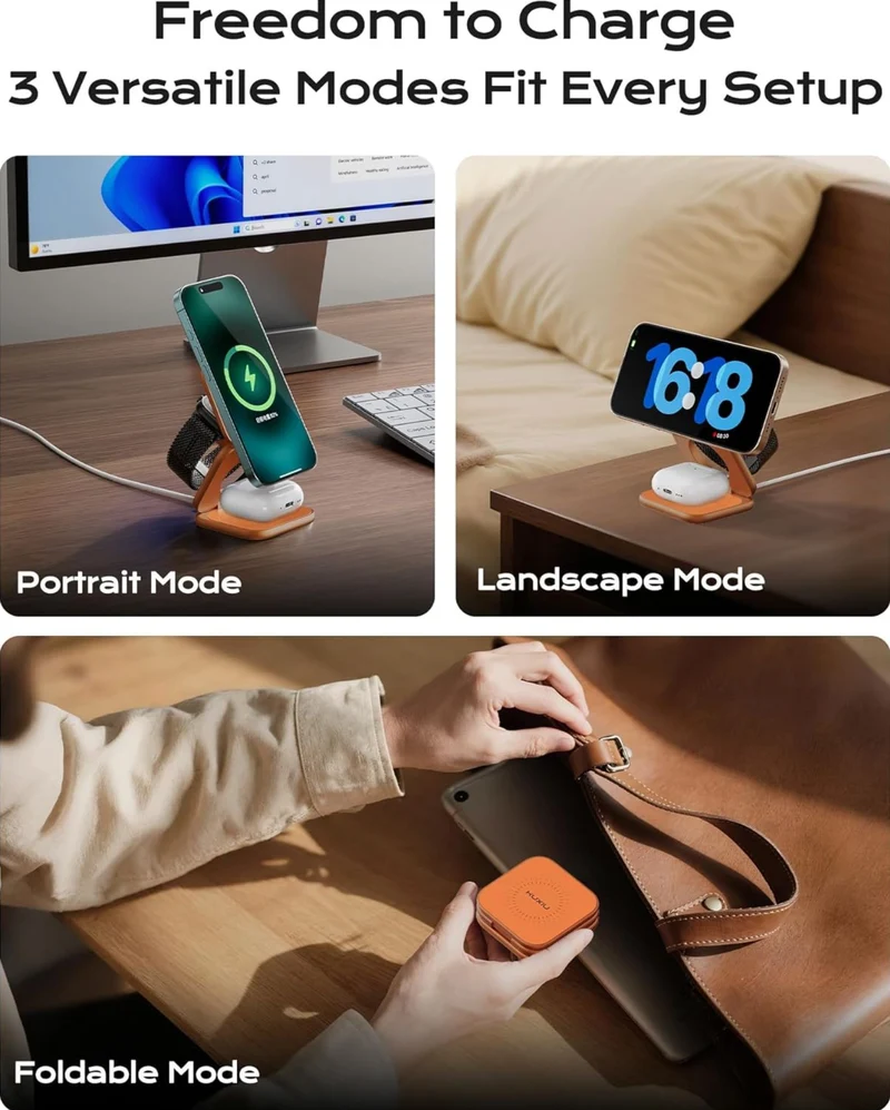 KUXIU Qi2.2 25W Magnetic Wireless Charger, 3-in-1 Foldable Travel Charging Station for iPhone 17/16/15/14/13/12, 5W for Apple Watch and AirPods, Aluminum Alloy Design, Adapter