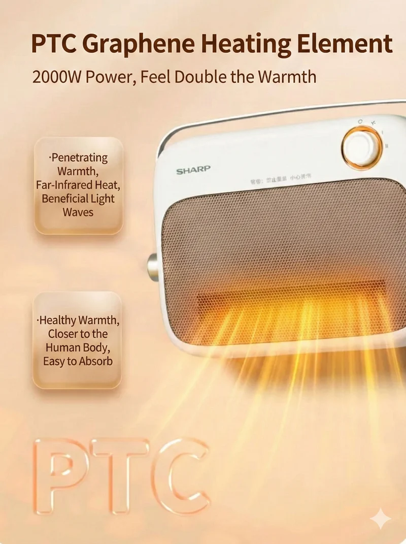Sharp Graphene Fan Heater, Portable Wall-Mounted Splash-Proof PTC Ceramic Fast Heating/Quiet and Energy-Saving HX-AM202B-C